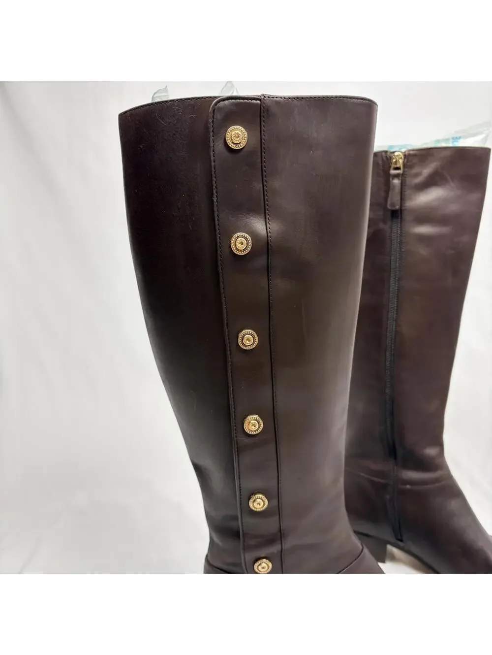 Nine West Oreyan Genuine Leather Knee High Brown Boots Gold Button Details 6.5